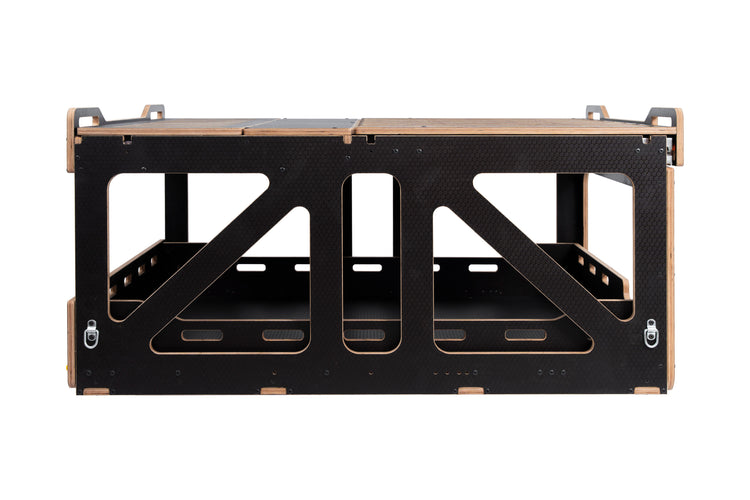 Vanted Cross modular pod — rear view showing dual storage bays, black hexa plywood, Hiace LWB