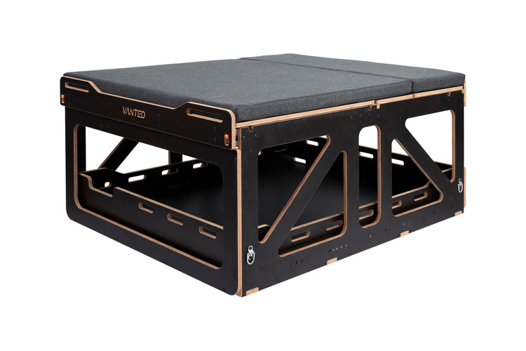 Vanted Cross with mattress — compact storage configuration, grey cushion top, modular van pod