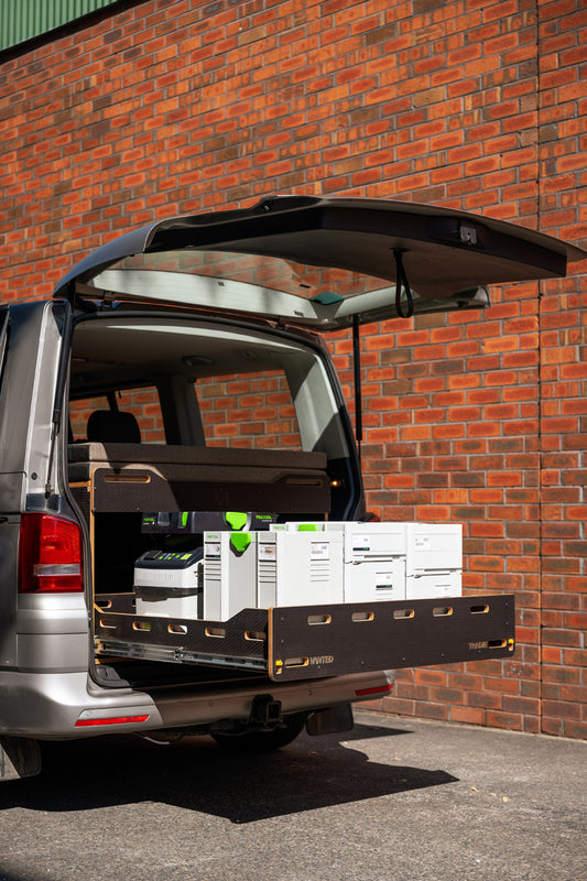 Vanted Cross Box modular storage system installed in VW Multivan.