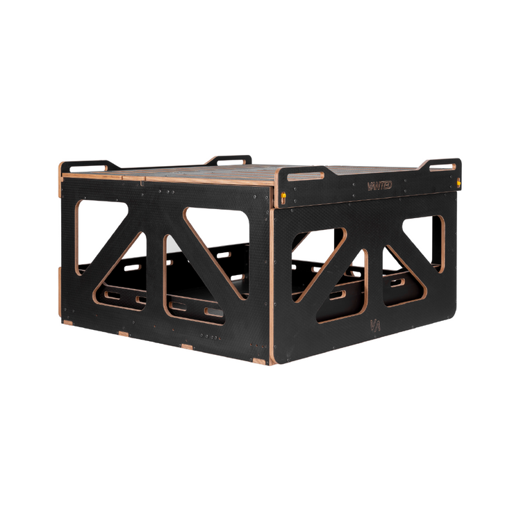 Black hexa birch plywood and stainless steel bolt-constructed cross pod for van storage solutions