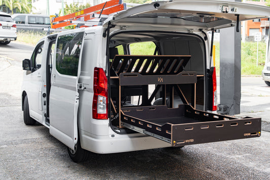 Vanted Cross bed hinge mechanism — precision hardware detail, modular van pod construction
