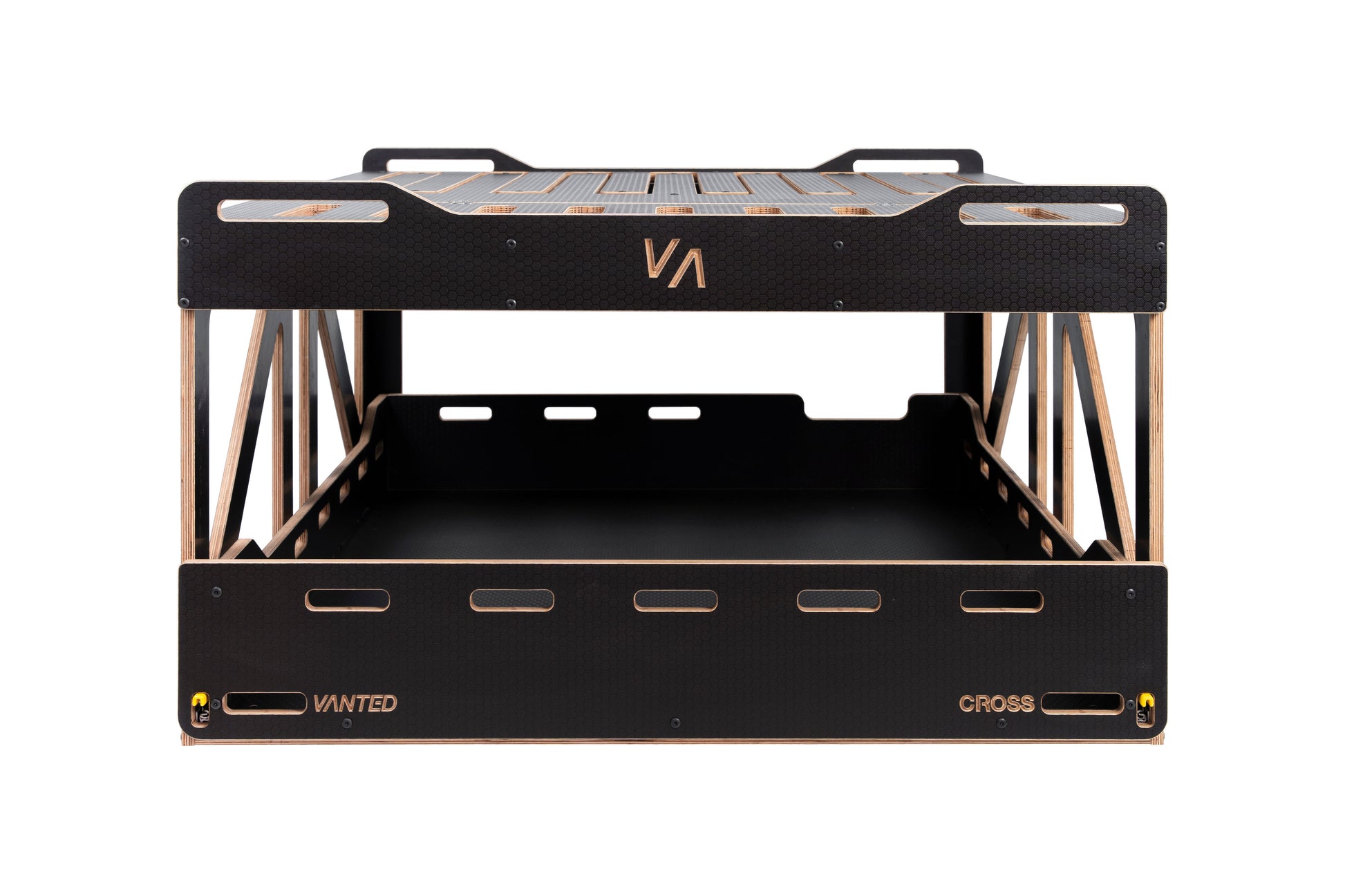 Vanted Cross modular van conversion kit — front view, black hexa plywood construction, Toyota Hiace LWB