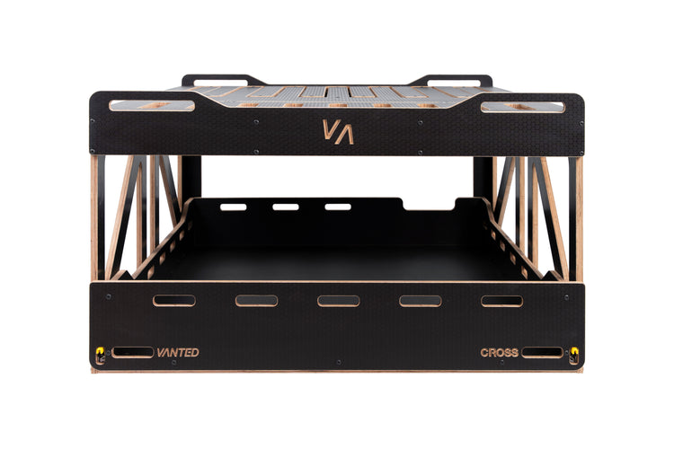 Vanted Cross modular van conversion kit — front view, black hexa plywood construction, Toyota Hiace LWB