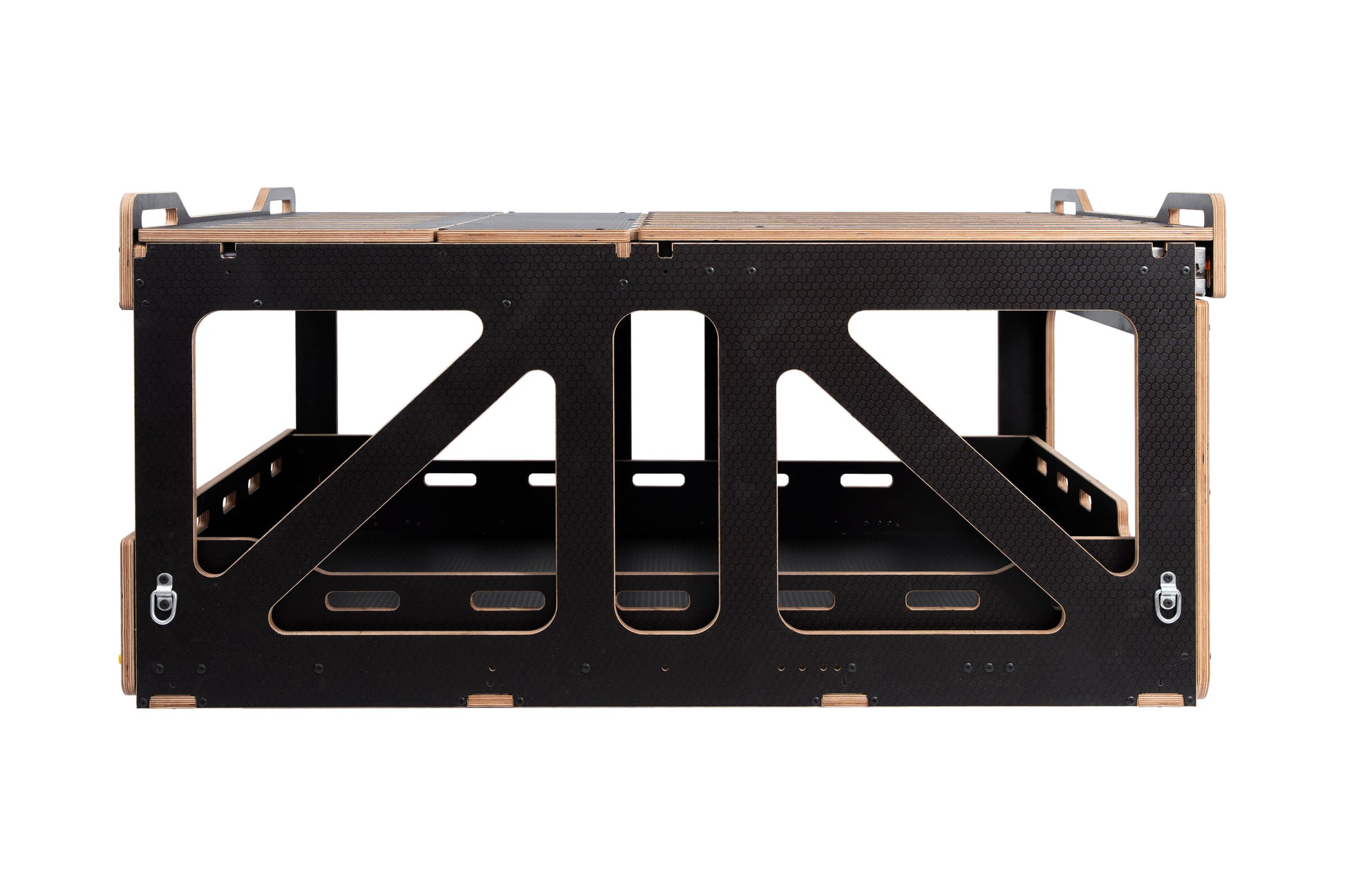 Vanted Cross modular pod — rear view showing dual storage bays, black hexa plywood, Hiace LWB
