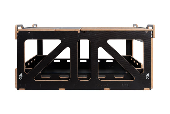 Vanted Cross modular pod — rear view showing dual storage bays, black hexa plywood, Hiace LWB
