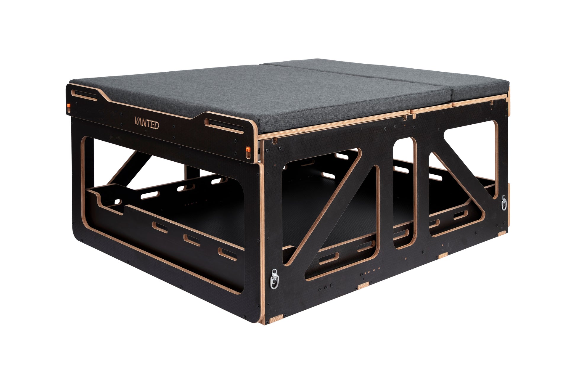 Vanted Cross with mattress — compact storage configuration, grey cushion top, modular van pod
