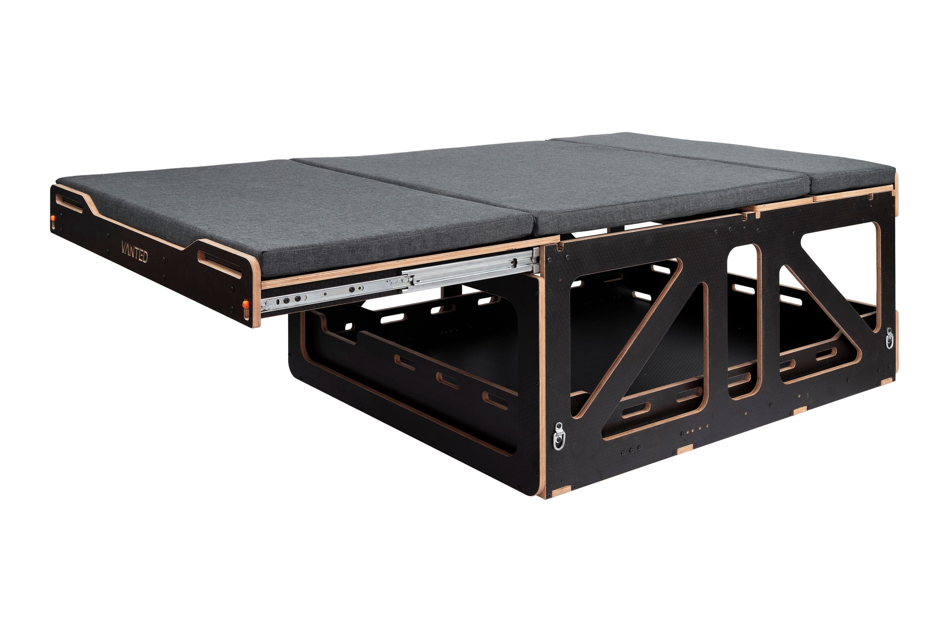 Vanted Cross fully opened — bed platform and storage drawer extended simultaneously, modular van kit
