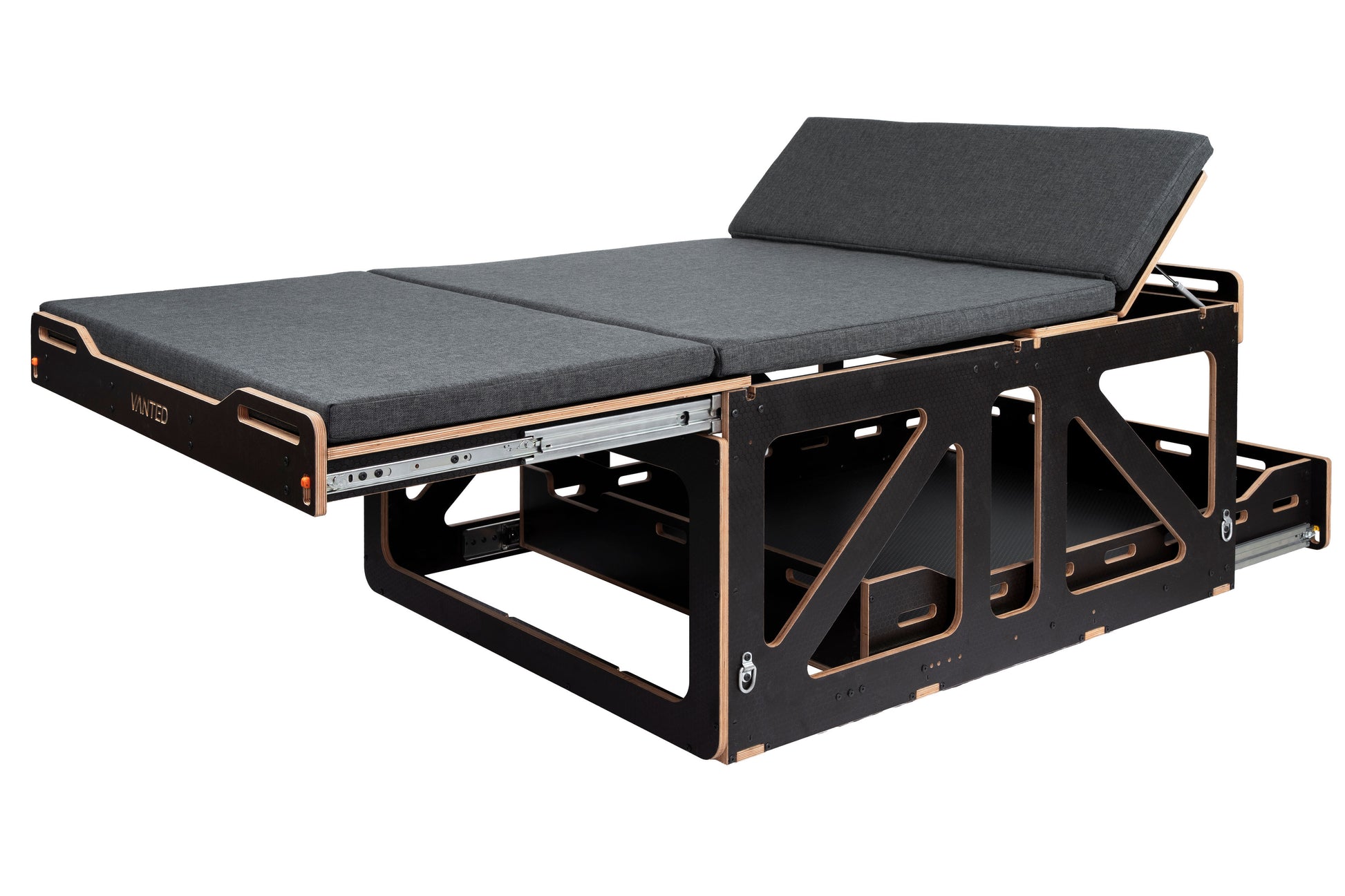 Vanted Cross slide-out bed — full extension showing slatted timber base and grey mattress, van conversion
