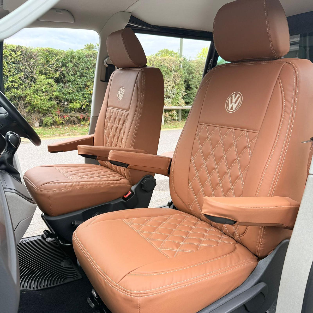 "Driver and passenger seat covers for VW Transporter - premium leatherette finish"