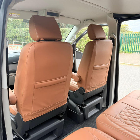 "Premium waterproof VW Caravelle seat covers - durable leatherette for all-weather protection"